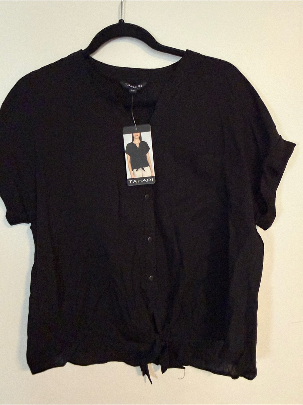 Tahari Black Short-Sleeve Button-Front Tie-Hem Shirt